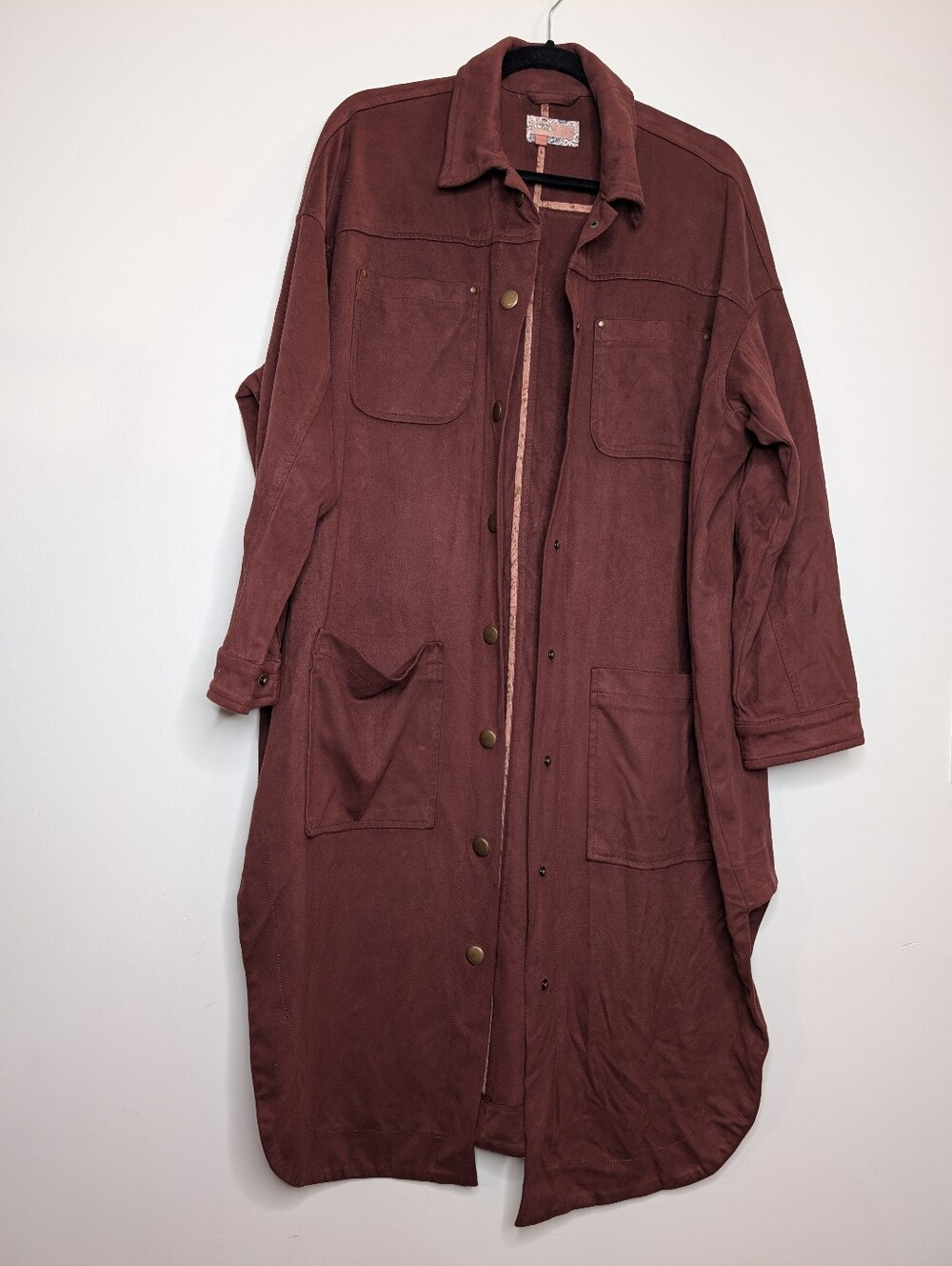 Anthropologie Pilcro Faux Suede Duster Coat Rust Brown Long Utility Jacket - Picture 2 of 6
